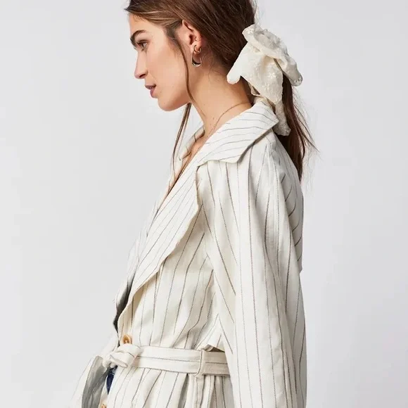 New free people Melia Mac Coat long sleeve boho linen blend plaid ecru striped - Picture 3 of 11